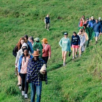 Group hiking the trail